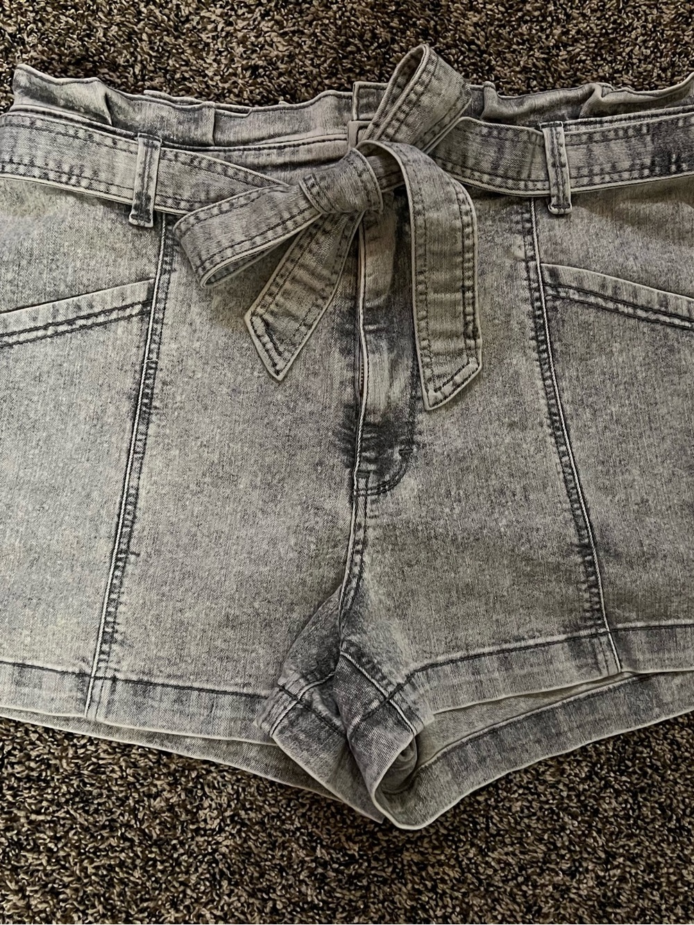 Universal Thread Gray High-Rise Paperbag Denim Shorts with Tie Belt